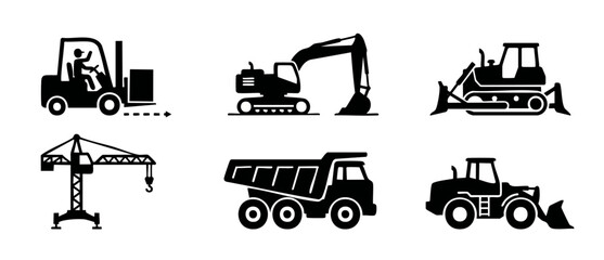 Construction Vehicles Icons Set, Heavy Machinery and Industrial Equipment, Forklift, Excavator, Bulldozer, Crane, Dump Truck and Loader, Black Silhouette Vector Collection for Logistics and Building P © Fernando