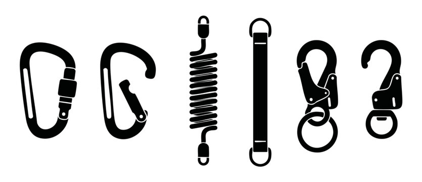 Carabiner clip set and industrial hardware icons, climbing gear hooks, safety metal snap connectors for climbing, tactical lanyards, rigging equipment, mountaineering accessories and engineering tools