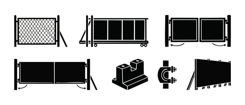 Construction Site Fencing Set, Temporary Fence Panels, Metal Security Barricade Icons, Industrial Barrier Hardware, Crowd Control Equipment, Chain Link and Sheet Metal Gates for Building Perimeter Saf