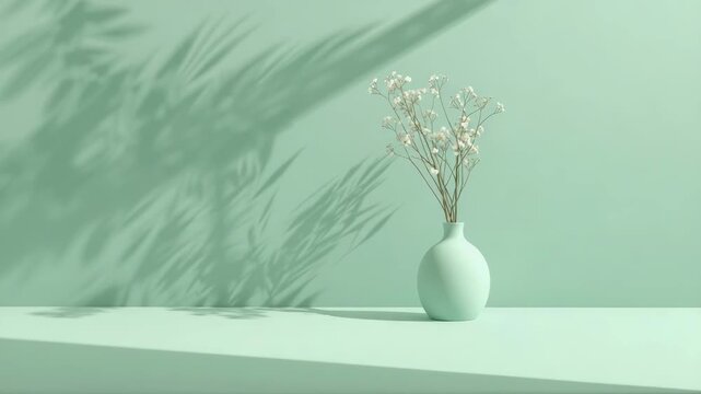 Mint green ceramic vase with delicate white flower baby breath casting soft shadow serene