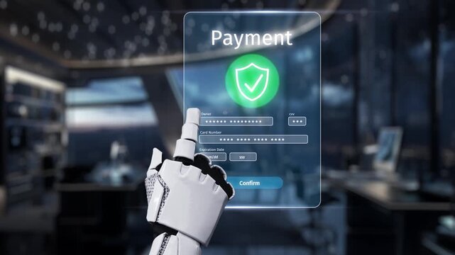Futuristic Robot Hand Interacting with Digital Payment Interface in Modern Office Setting Featuring Security Measures and Payment Options. Auvana