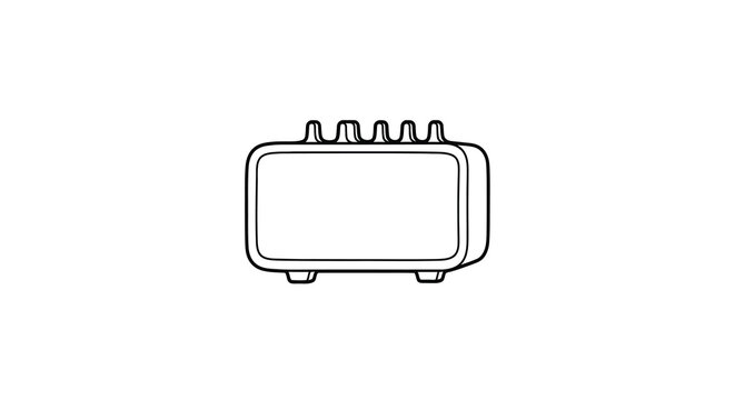 A simple black and white line drawing depicts a vintage transistor radio showcasing its classic design high quality