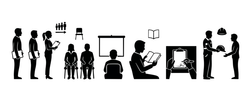 Corporate Training Icon Set: Staff Meeting, Seminar Presentation, and Onboarding Process Graphics. Professional business silhouette collection for office workflow, document signing, and industrial saf