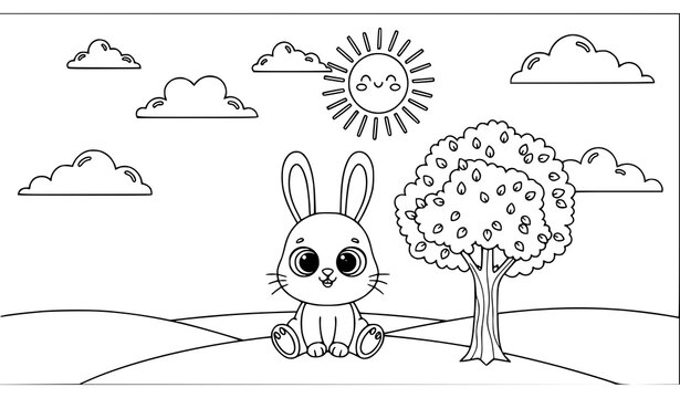 Cute bunny sitting in a meadow landscape coloring page with coloring children illustration
