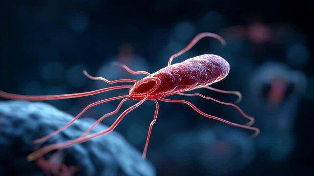 Microscopic view of bacteria moving in water in a lab setting showing details of their structure and movement at 10 AM