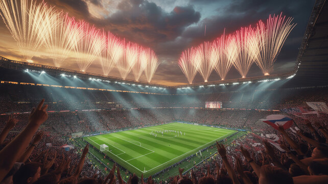 Crowd of spectators at a football match with fireworks in the sky, stadium light