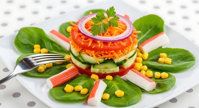 A layered salad on a white plate with spinach leaves, corn kernels, and imitation crab meat sticks, garnished with parsley and red onion