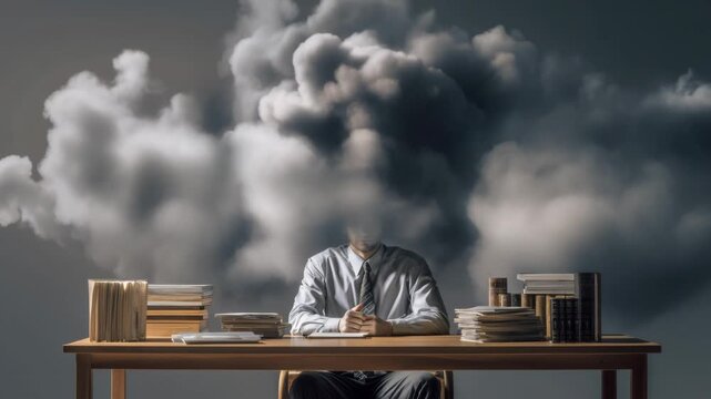 Man sits at desk with clouds above his head, showing ideas or thoughts in a creative workspace