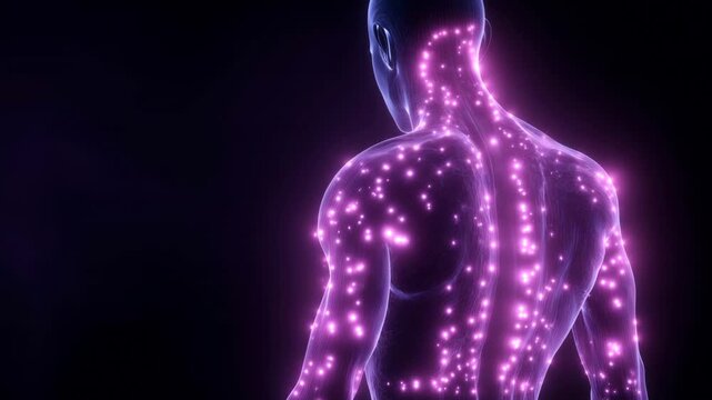 Exploring the human body with glowing particles in a dark space to show energy flow and connections