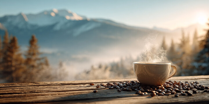 Steaming hot cup of coffee on rustic wooden table with mountains in background, creating serene atmosphere
