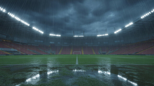 Floodlit football stadium with empty seats and a wet field fair play football