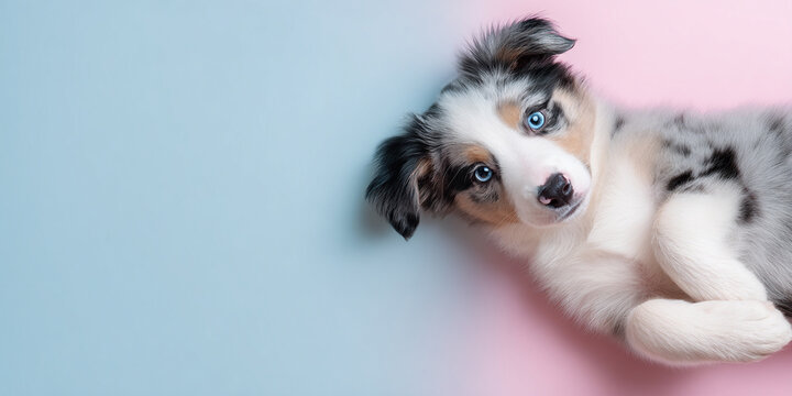Adorable puppy lying down with playful eyes and fluffy coat, showcasing charming expression against pastel background