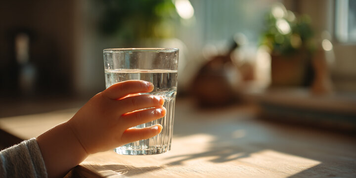 Young child hand gently holds glass of clear water, capturing moment of innocence and curiosity in sunlit room