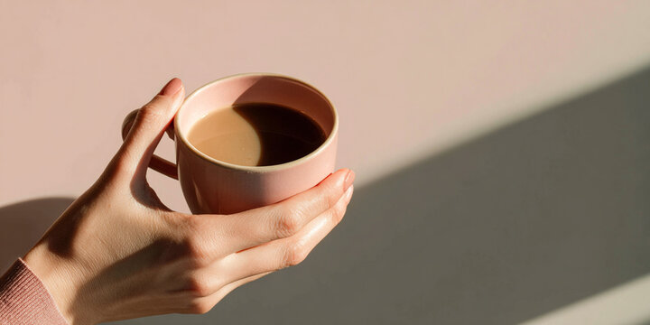 Aesthetic female hand holding pink coffee cup, showcasing minimalism and warmth in soft light