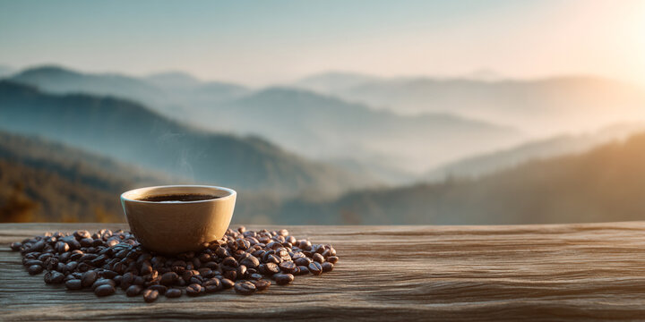 Freshly brewed coffee in cup surrounded by coffee beans on wooden surface with scenic mountain view