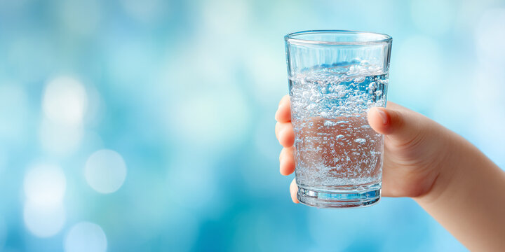 Child hand holds glass of sparkling water, showcasing bubbles and reflections in bright, cheerful setting