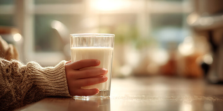 Child hand gently holds glass of milk, creating warm and inviting atmosphere cozy kitchen. soft light enhances moment