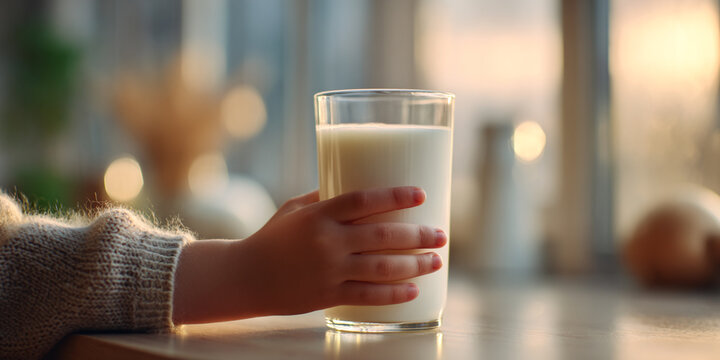 Child hand gently holding glass of milk, creating warm and inviting atmosphere