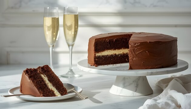 Elegant Chocolate Layer Cake with Cream Filling on Marble Stand and Two Champagne Flutes, Sophisticated Celebration Decor