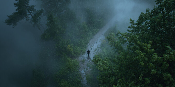 Solitary figure walks along winding path in dense forest during rainstorm, surrounded by lush greenery and mist