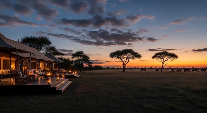 Luxury safari lodge at sunset with elephants in the distance, African savanna landscape, serene travel destination