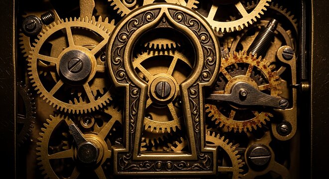 Intricate golden brass gears and cogs with a central keyhole, showcasing complex clockwork mechanism.