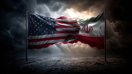 Obraz premium USA United States of America and Iran relations competition war crisis politic government,flag waving,nternational tension relation crude oil,symbolic display about relations,conflicts concept.
