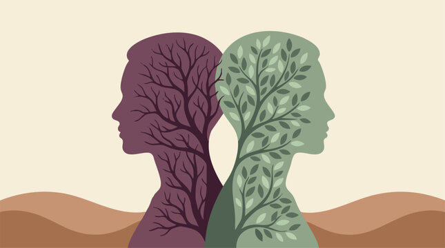 Mental health concept: Human profiles with vibrant and bare tree branches inside