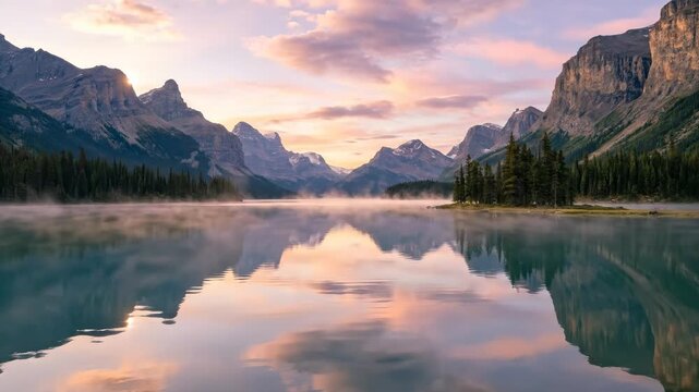 Stunning Sunrise Over Spirit Island at Maligne Lake in Jasper National Park