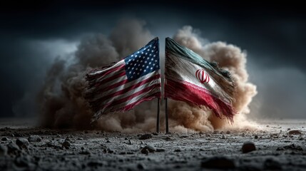 Obraz premium USA United States of America and Iran relations competition war crisis politic government,flag waving,nternational tension relation crude oil,symbolic display about relations,conflicts concept.
