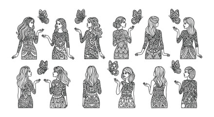 Elegant women in flowing dresses interacting with delicate butterflies © Begum