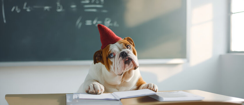 English bulldog classroom dunce hat student desk notebook pencil math chalkboard education humor focus