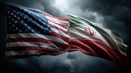 Obraz premium USA United States of America and Iran relations competition war crisis politic government,flag waving,nternational tension relation crude oil,symbolic display about relations,conflicts concept.