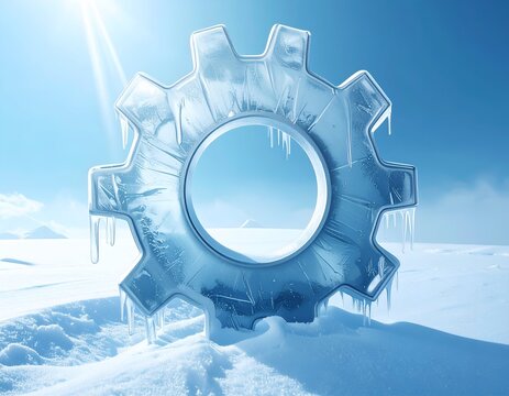 A heavy industrial machine gear sculpted entirely from ice with sharp icicles hanging from its teeth