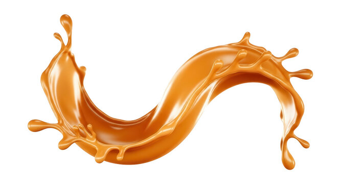 Caramel sauce splash wave with glossy liquid texture for dessert toppings and confectionery advertising design on a transparent background