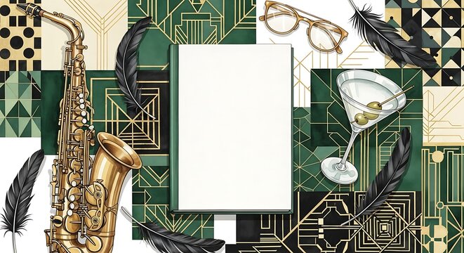 Art Deco Jazz Nightlife Illustration with Saxophone, Martini, and Feathers.