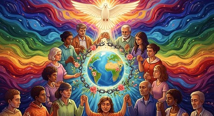 Obraz premium Diverse People Holding Hands Around The Globe With A Radiant Dove Above.