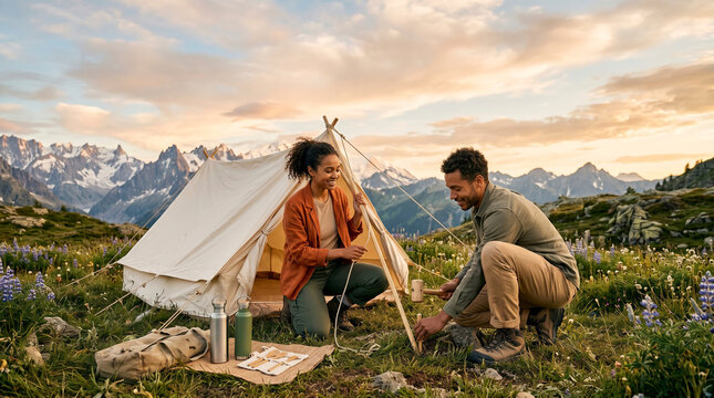 Young Diverse Couple Setting Up Eco Camping Tent Alpine Meadow Golden Hour, Sustainable Summer Travel ESG Banner Copy Space