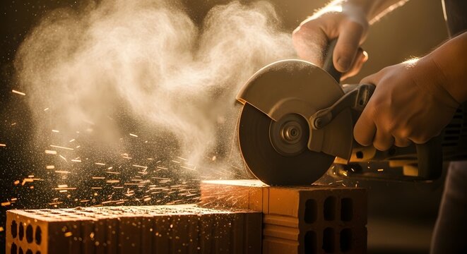 Worker Cutting Bricks with Angle Grinder &ndash; Construction Work Sparks and Dust Close-Up
