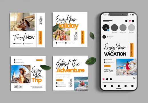 Travel Social Media Post Template Set for Tour and Vacation Promotion