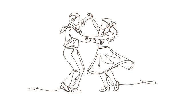 Couple dancing swing dance, vintage style, continuous line drawing