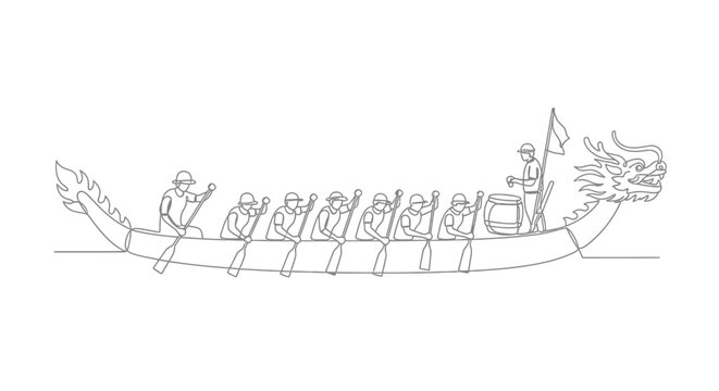 Dragon Boat Race Team Rowing Together - Line Art Illustration
