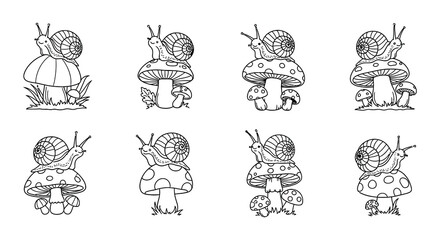 Obraz premium Charming black and white illustration of snails on colorful mushrooms
