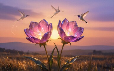 Fototapeta premium Magical hummingbirds dance around glowing purple flowers at golden
