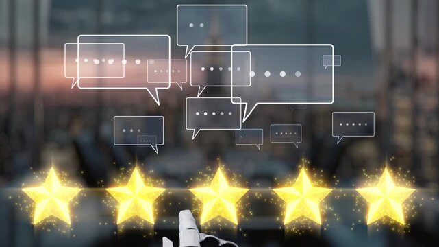 A futuristic robotic hand is giving a five-star rating in a stylish office environment, illustrating the intersection of technology, customer feedback, and digital communication. Auvana