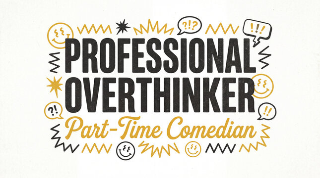 An intricate and witty graphic design prominently displaying "PROFESSIONAL OVERTHINKER Part-Time Comedian" with numerous expressive and quirky doodle elements.