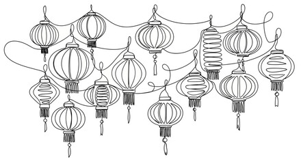 Naklejka premium Hand-drawn illustration of hanging Chinese lanterns in a string, sketch style