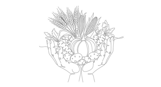 Harvest bounty in hands, illustration of abundant autumn produce, healthy food concept