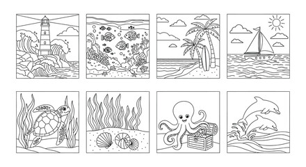 Obraz premium Collection of eight black and white ocean themed illustrations in frames