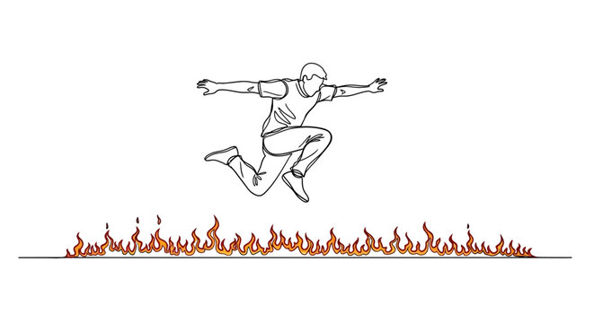 Man jumping over fire, sketch style, concept of courage, risk, overcoming challenges